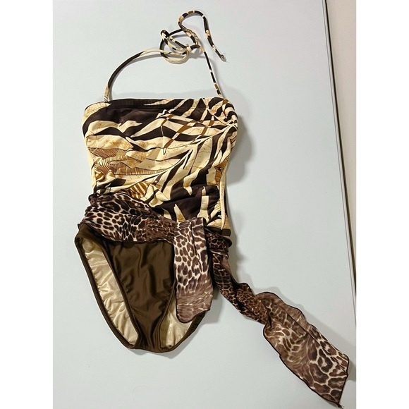 Niki Wior Leopard Print Wrap One-Piece Swimsuit Swimwear Bathing Suit Size 6 🤎✨